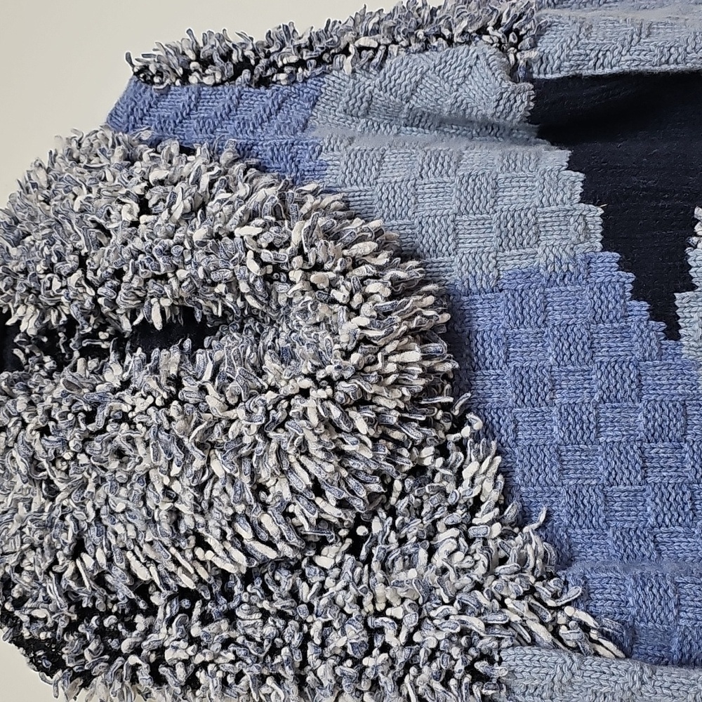 Escada Shaggy Cowl Neck Chunky Knit Pale Blue & Navy Abstract Sweater Wool Blend - Picture 2 of 12